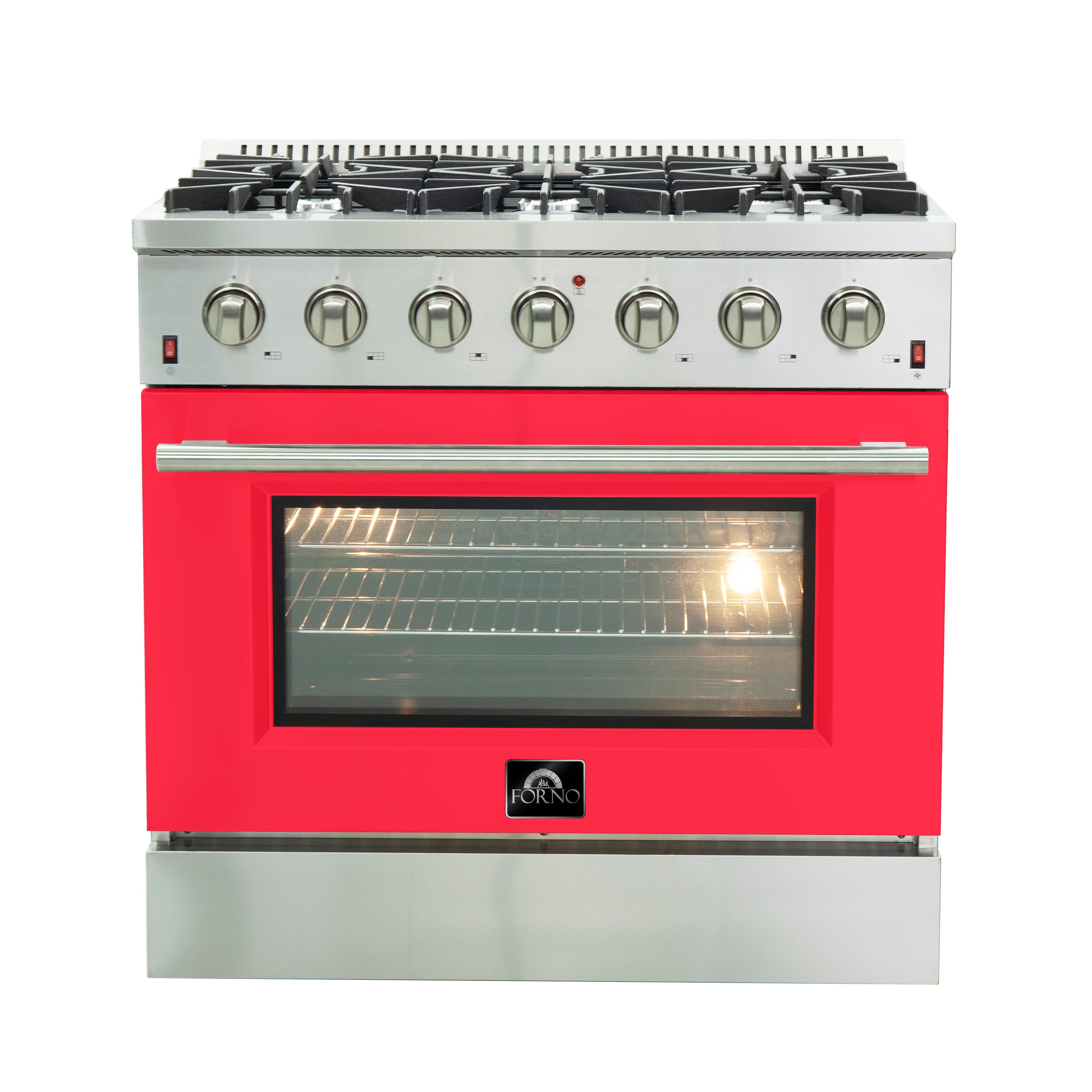 Forno Galiano 36-Inch Freestanding Gas Range, Stainless Steel, 6 Burners, Energy Efficient, Red Door - BonPrix Électroménagers
