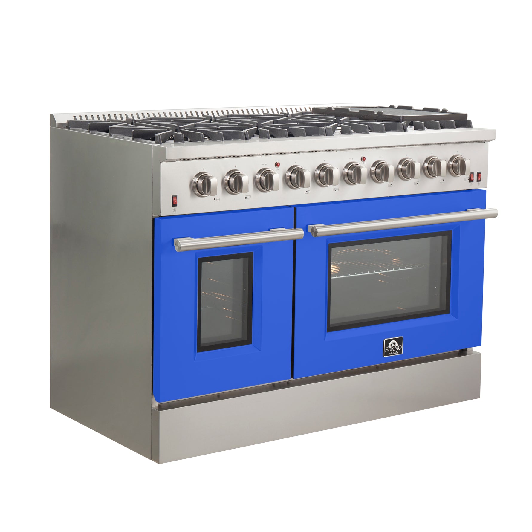 Forno Galiano 48-Inch Freestanding Gas Range, Stainless Steel, 8 Burners, 107,000 BTU, Griddle, Double Ovens, Energy Efficient, Blue Doors - BonPrix Électroménagers