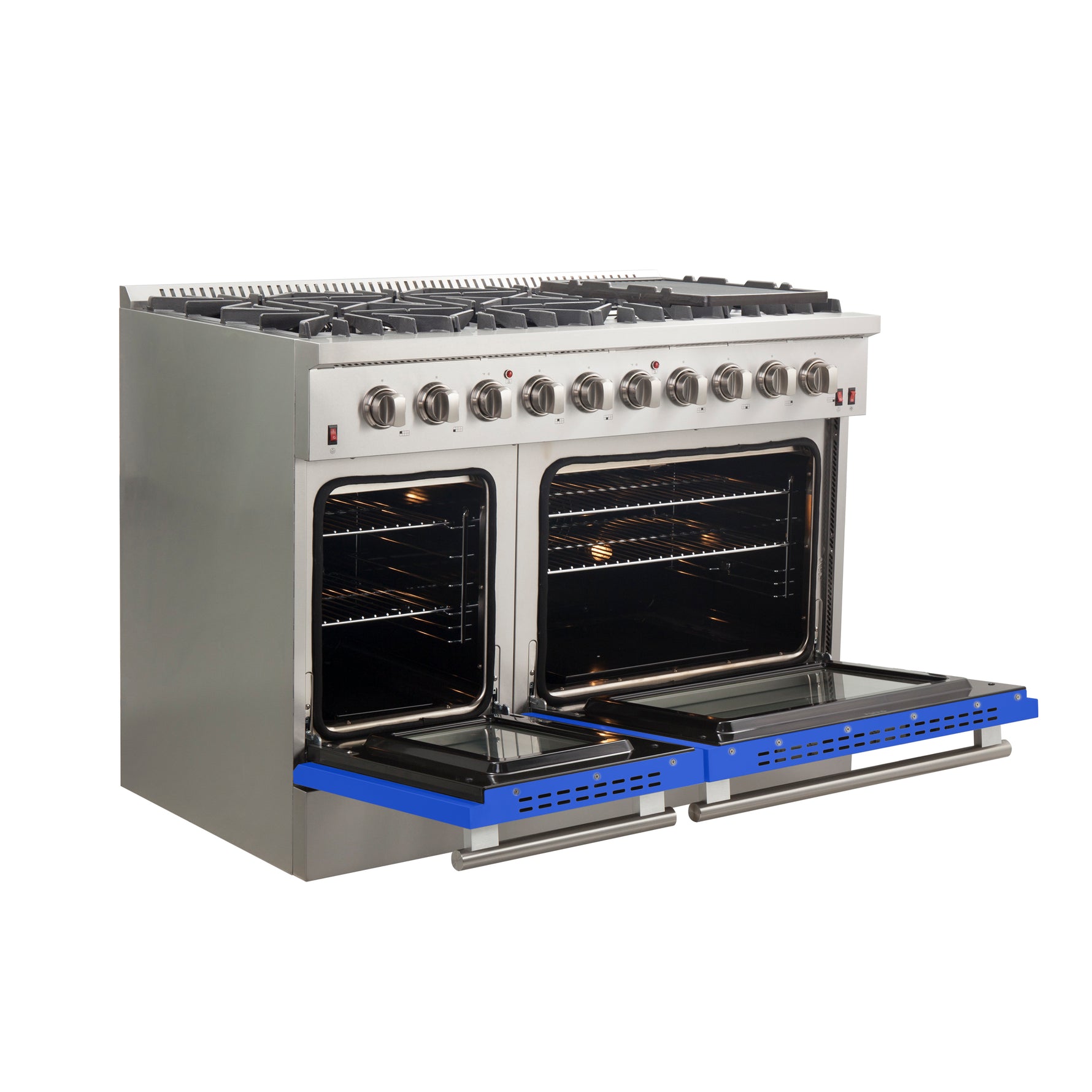 Forno Galiano 48-Inch Freestanding Gas Range, Stainless Steel, 8 Burners, 107,000 BTU, Griddle, Double Ovens, Energy Efficient, Blue Doors - BonPrix Électroménagers
