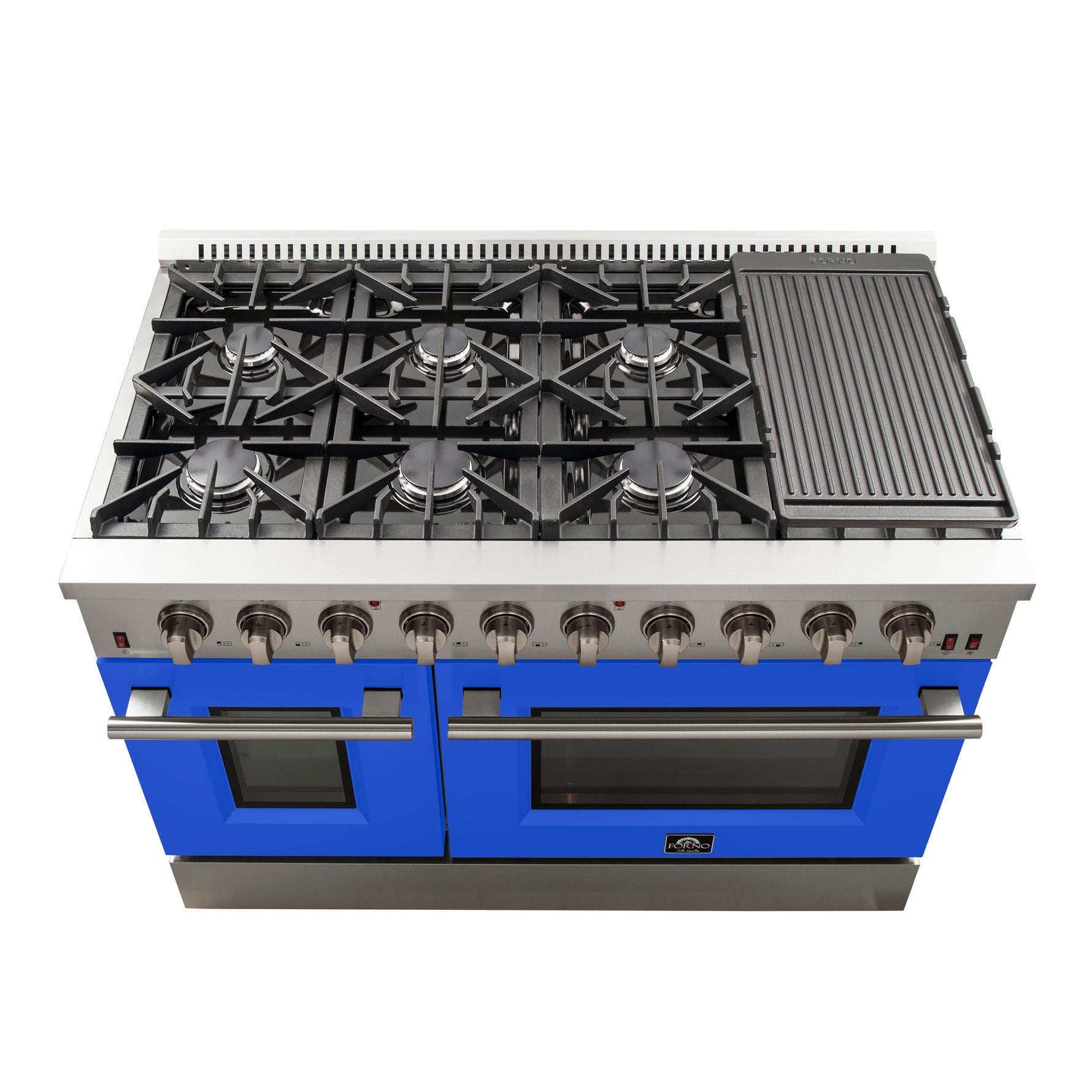 Forno Galiano 48-Inch Freestanding Gas Range, Stainless Steel, 8 Burners, 107,000 BTU, Griddle, Double Ovens, Energy Efficient, Blue Doors - BonPrix Électroménagers