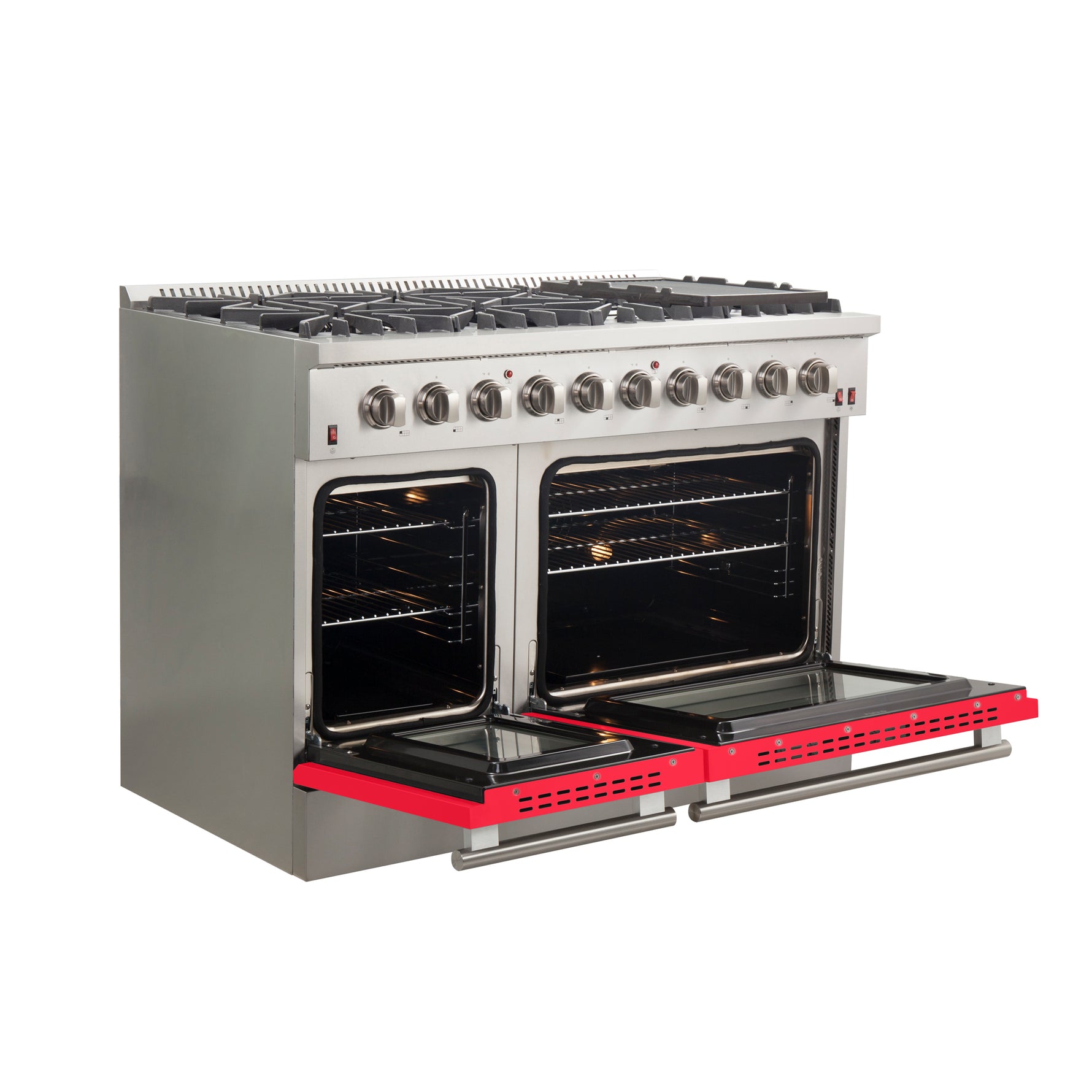 Forno Galiano 48-Inch Freestanding Gas Range, Stainless Steel, 8 Burners, 107,000 BTU, Griddle, Double Ovens, Energy Efficient, Red Doors - BonPrix Électroménagers