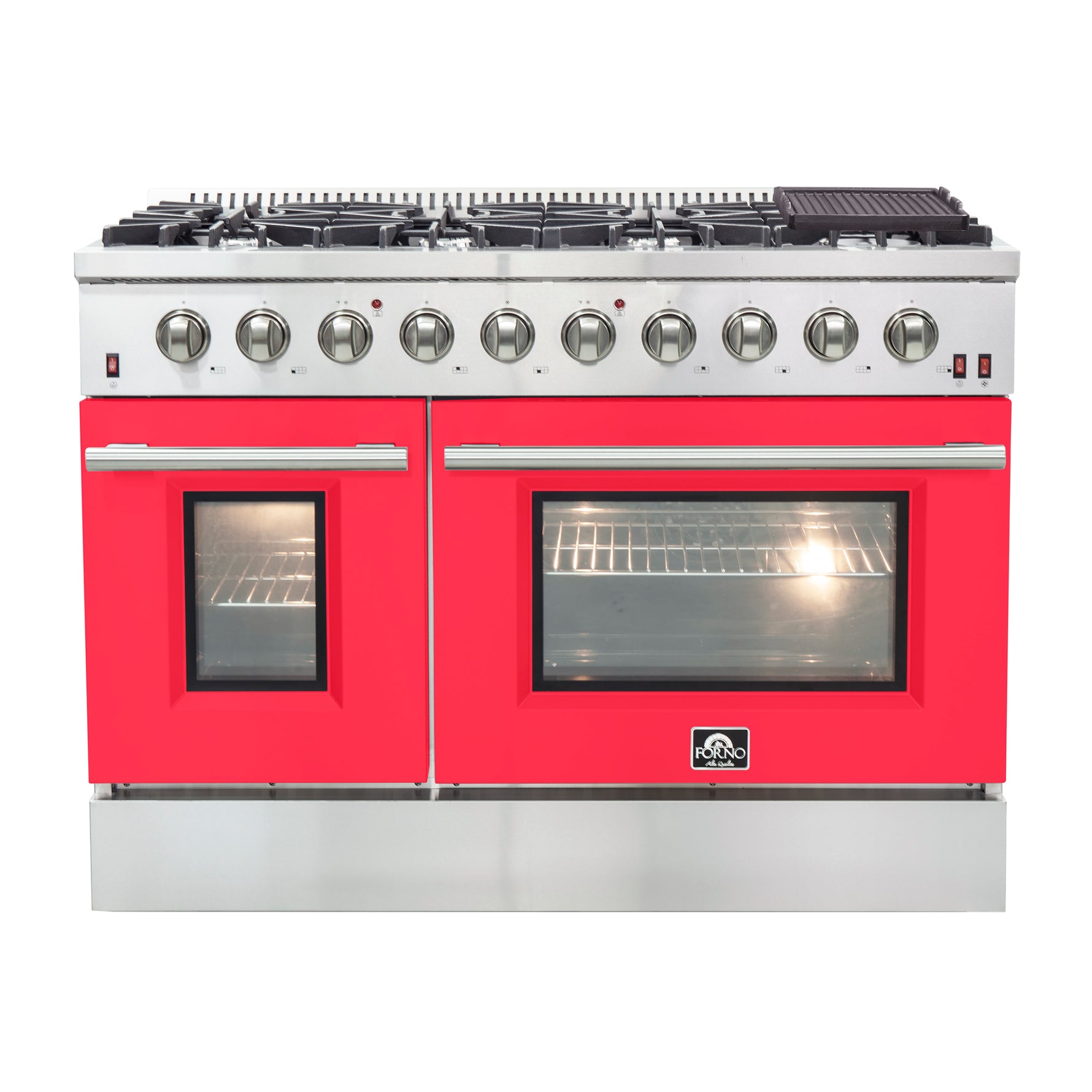Forno Galiano 48-Inch Freestanding Gas Range, Stainless Steel, 8 Burners, 107,000 BTU, Griddle, Double Ovens, Energy Efficient, Red Doors - BonPrix Électroménagers