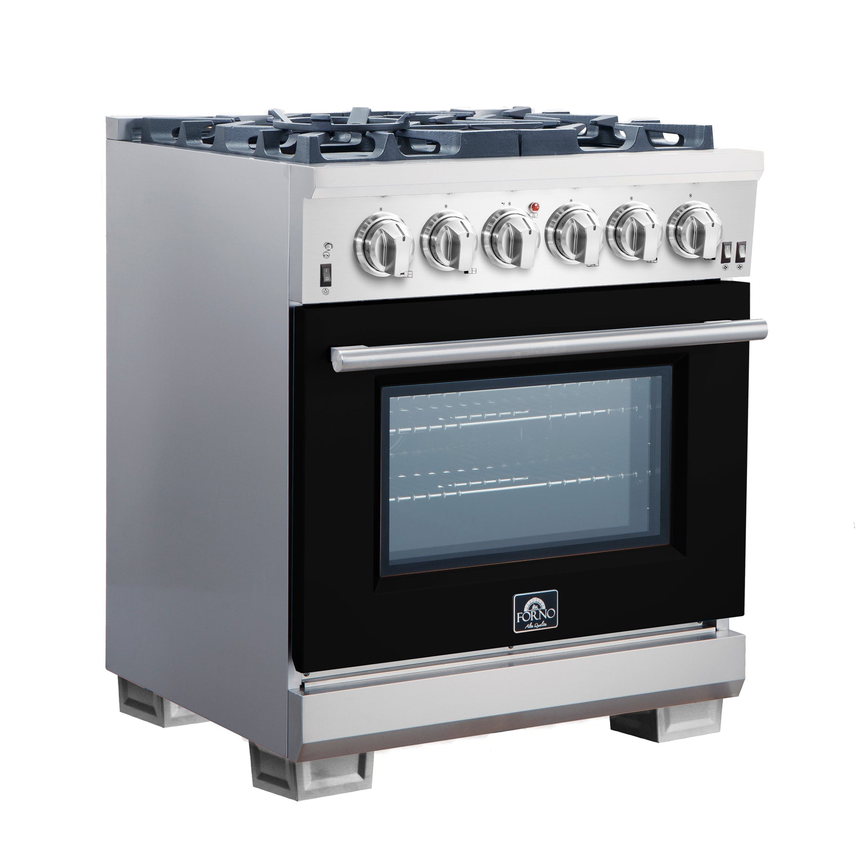 Forno Capriasca 30-Inch Freestanding Gas Range, 4 Burners, True Convection Oven, Black Door - BonPrix Électroménagers