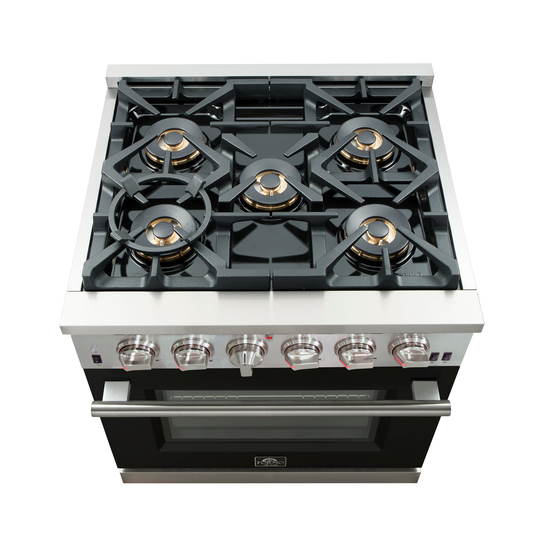 Forno Capriasca 30-Inch Freestanding Gas Range, 4 Burners, True Convection Oven, Black Door - BonPrix Électroménagers
