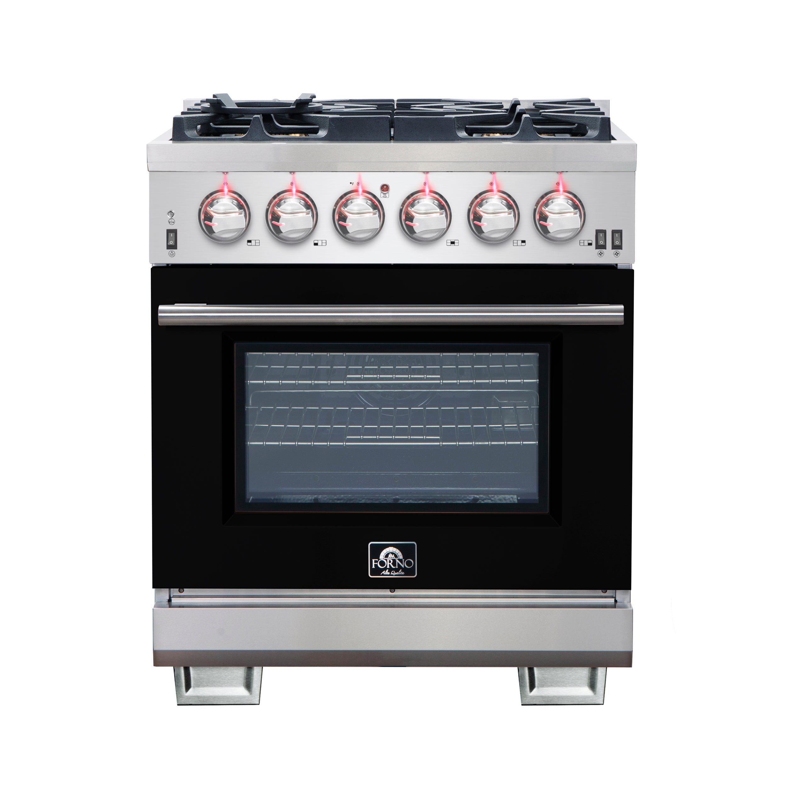 Forno Capriasca 30-Inch Freestanding Gas Range, 4 Burners, True Convection Oven, Black Door - BonPrix Électroménagers