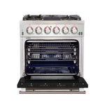 Forno Capriasca 30-Inch Freestanding Gas Range, 4 Burners, True Convection Oven, Black Door - BonPrix Électroménagers