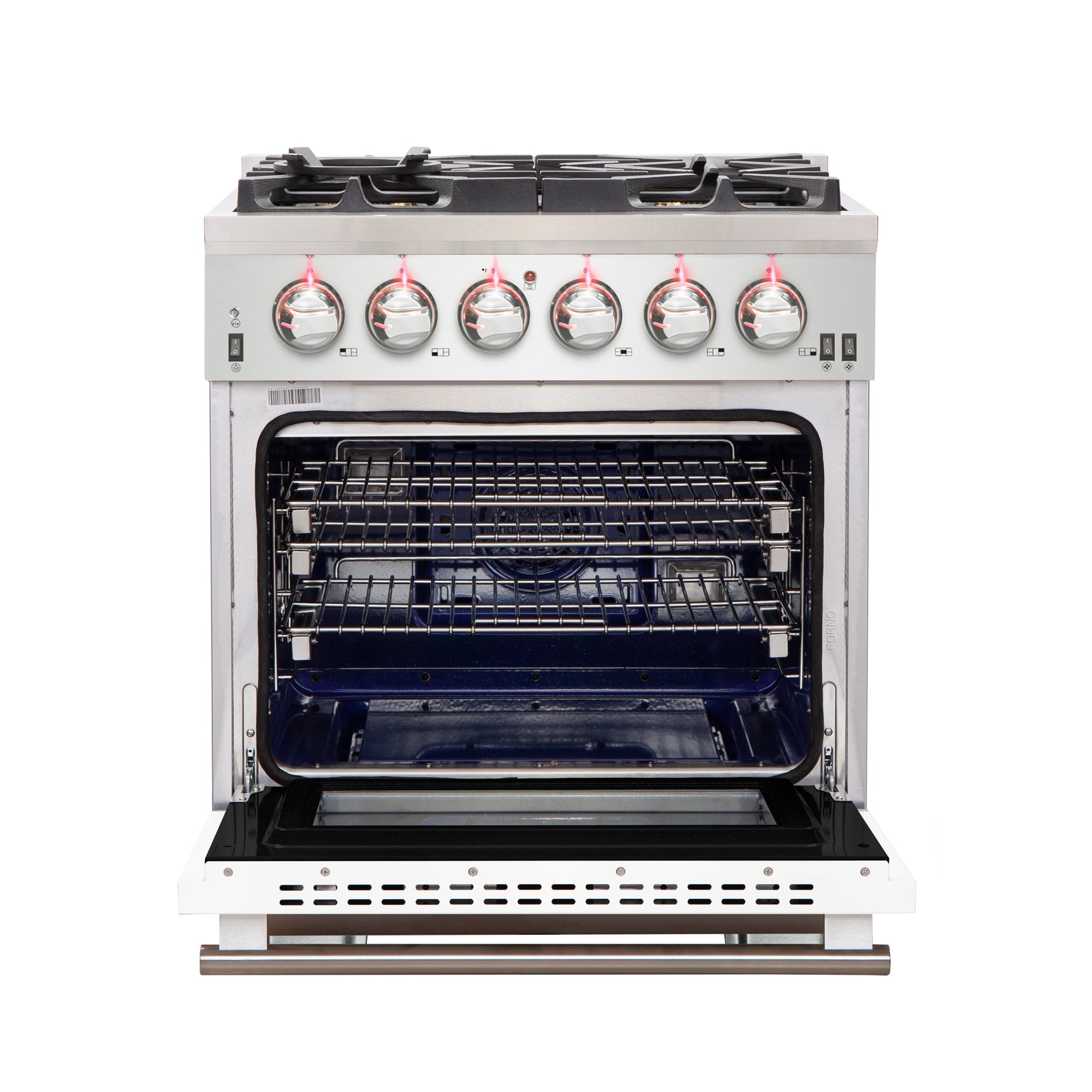 Forno Capriasca 30-Inch Freestanding Gas Range, 4 Burners, True Convection Oven, White Door - BonPrix Électroménagers