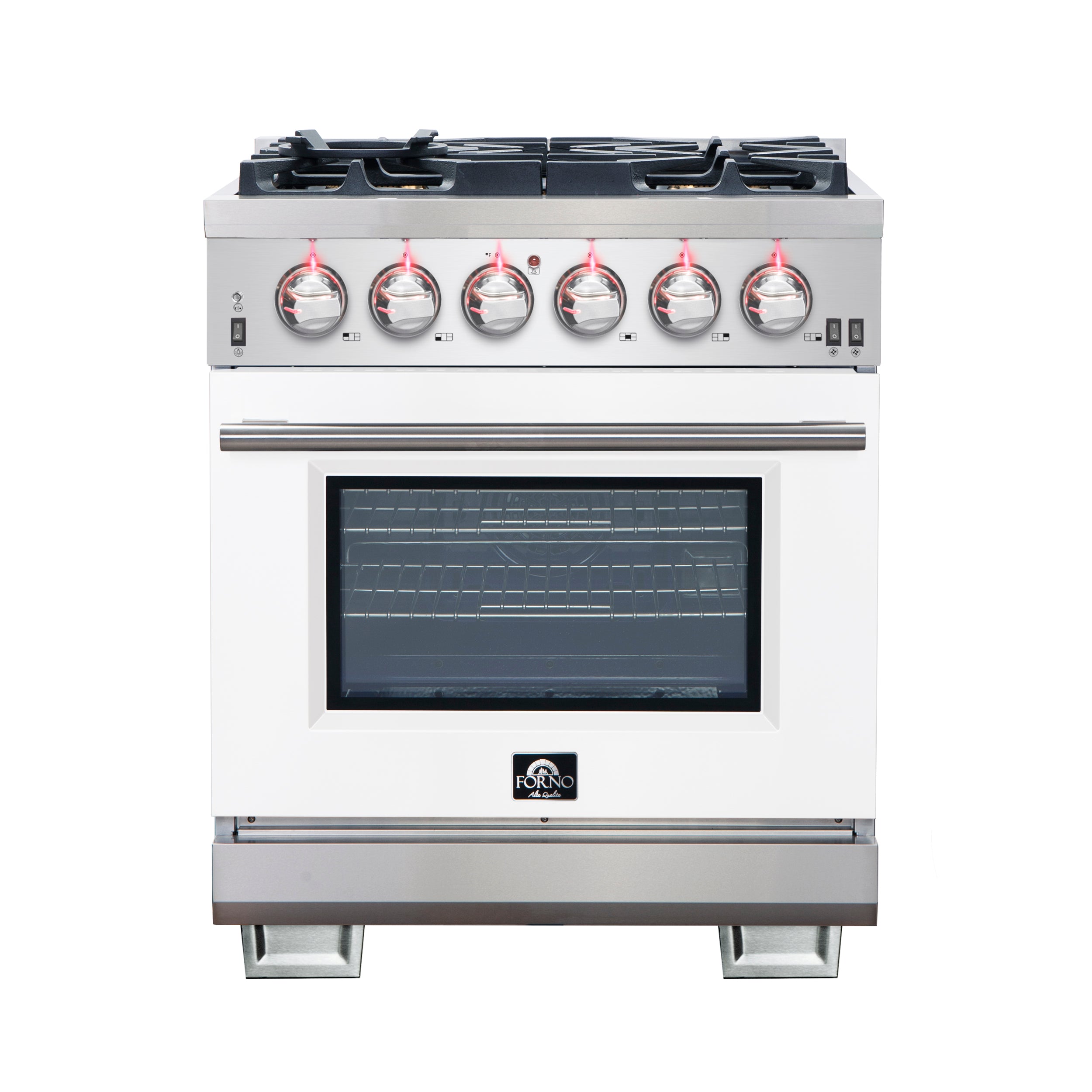 Forno Capriasca 30-Inch Freestanding Gas Range, 4 Burners, True Convection Oven, White Door - BonPrix Électroménagers