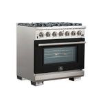 Forno Capriasca 36-Inch Gas Range, Stainless Steel, 6 Brass Burners, 120,000 BTU, Convection Oven, Energy Efficient, Black door - BonPrix Électroménagers