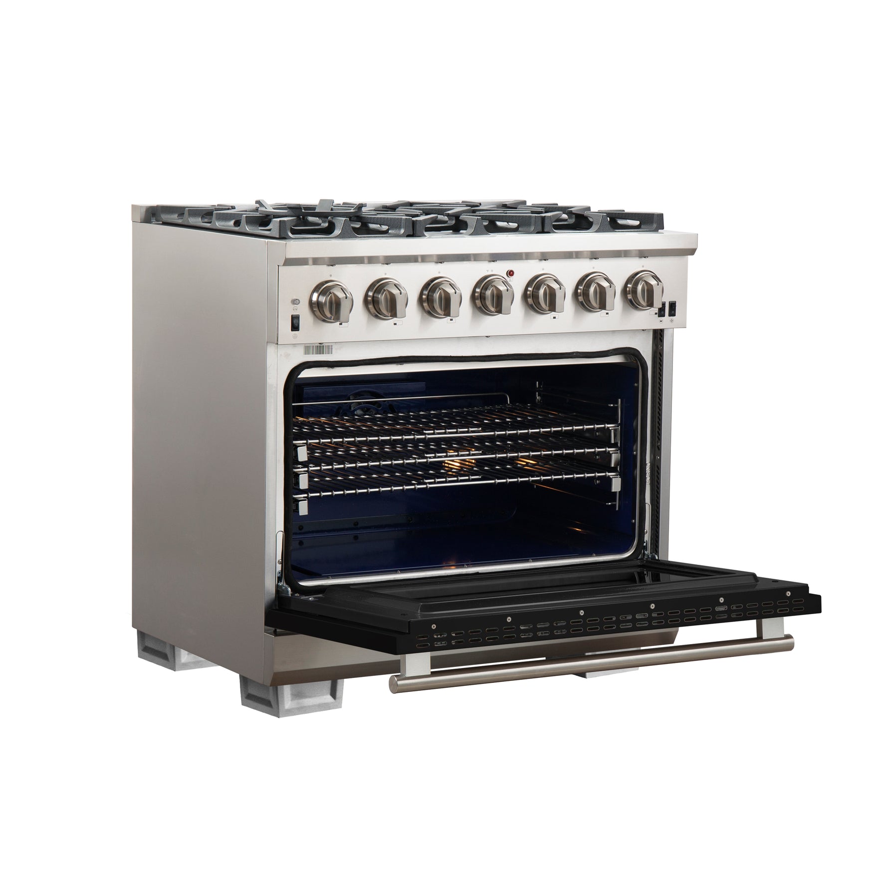 Forno Capriasca 36-Inch Gas Range, Stainless Steel, 6 Brass Burners, 120,000 BTU, Convection Oven, Energy Efficient, Black door - BonPrix Électroménagers