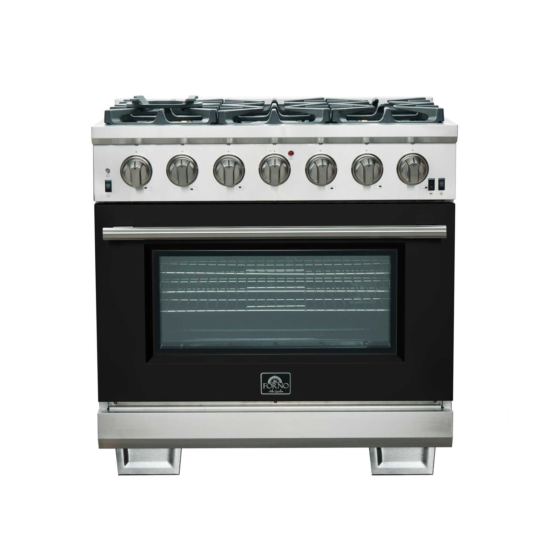 Forno Capriasca 36-Inch Gas Range, Stainless Steel, 6 Brass Burners, 120,000 BTU, Convection Oven, Energy Efficient, Black door - BonPrix Électroménagers