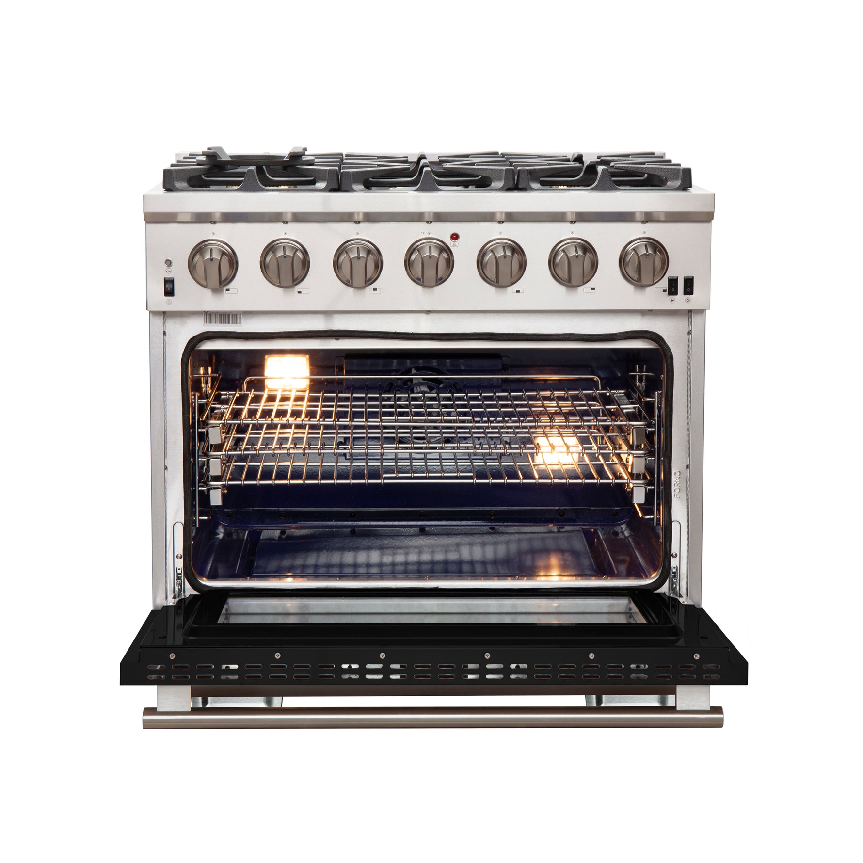 Forno Capriasca 36-Inch Gas Range, Stainless Steel, 6 Brass Burners, 120,000 BTU, Convection Oven, Energy Efficient, Black door - BonPrix Électroménagers