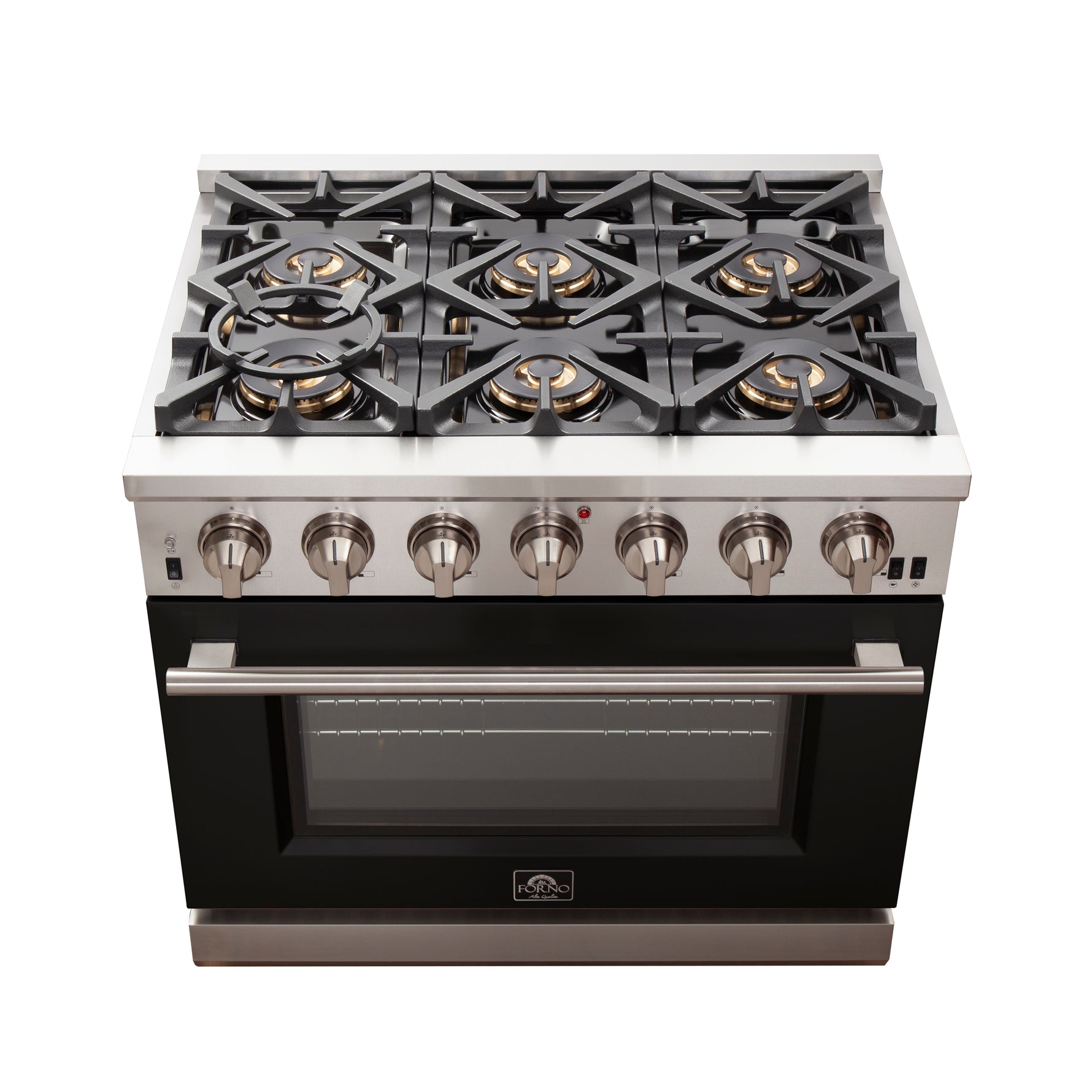 Forno Capriasca 36-Inch Gas Range, Stainless Steel, 6 Brass Burners, 120,000 BTU, Convection Oven, Energy Efficient, Black door - BonPrix Électroménagers