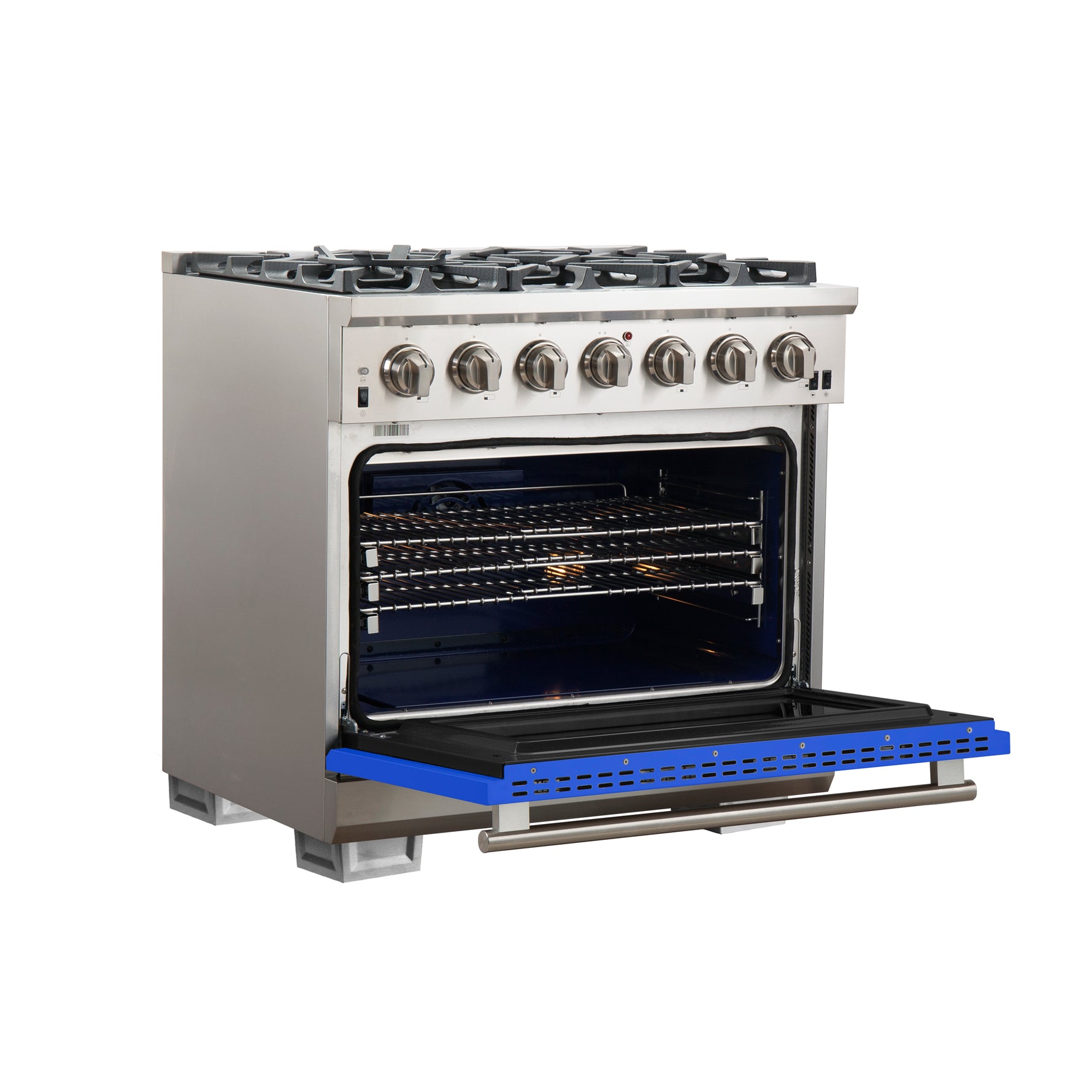 Forno Capriasca 36-Inch Gas Range, Stainless Steel, 6 Brass Burners, 120,000 BTU, Convection Oven, Energy Efficient, Blue Door - BonPrix Électroménagers