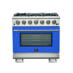 Forno Capriasca 36-Inch Gas Range, Stainless Steel, 6 Brass Burners, 120,000 BTU, Convection Oven, Energy Efficient, Blue Door - BonPrix Électroménagers