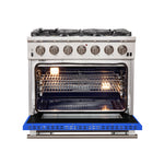 Forno Capriasca 36-Inch Gas Range, Stainless Steel, 6 Brass Burners, 120,000 BTU, Convection Oven, Energy Efficient, Blue Door - BonPrix Électroménagers