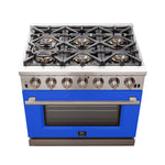 Forno Capriasca 36-Inch Gas Range, Stainless Steel, 6 Brass Burners, 120,000 BTU, Convection Oven, Energy Efficient, Blue Door - BonPrix Électroménagers