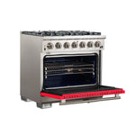 Forno Capriasca 36-Inch Gas Range, Stainless Steel, 6 Brass Burners, 120,000 BTU, Convection Oven, Energy Efficient, Red Door - BonPrix Électroménagers