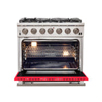 Forno Capriasca 36-Inch Gas Range, Stainless Steel, 6 Brass Burners, 120,000 BTU, Convection Oven, Energy Efficient, Red Door - BonPrix Électroménagers