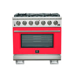 Forno Capriasca 36-Inch Gas Range, Stainless Steel, 6 Brass Burners, 120,000 BTU, Convection Oven, Energy Efficient, Red Door - BonPrix Électroménagers