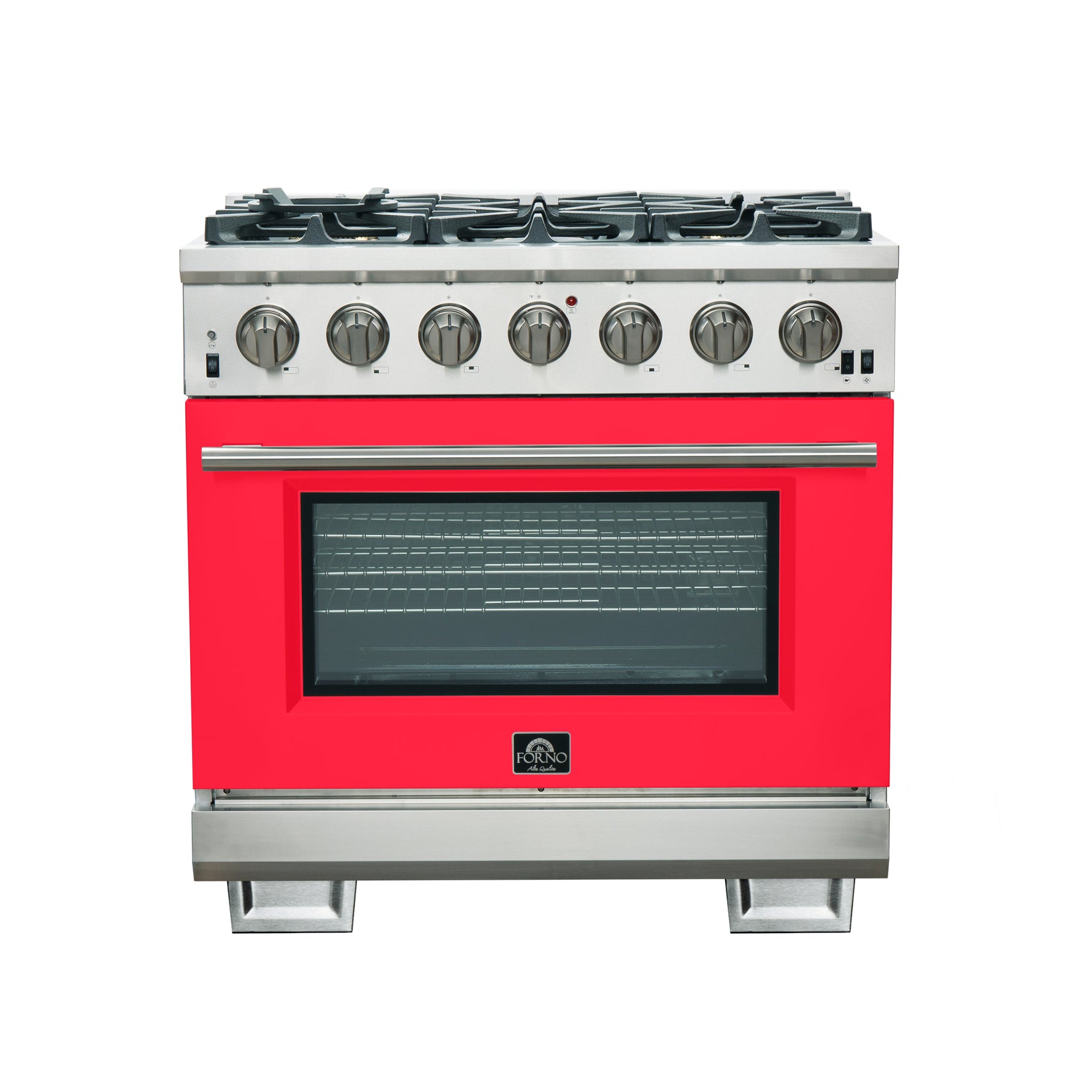 Forno Capriasca 36-Inch Gas Range, Stainless Steel, 6 Brass Burners, 120,000 BTU, Convection Oven, Energy Efficient, Red Door - BonPrix Électroménagers