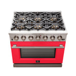 Forno Capriasca 36-Inch Gas Range, Stainless Steel, 6 Brass Burners, 120,000 BTU, Convection Oven, Energy Efficient, Red Door - BonPrix Électroménagers
