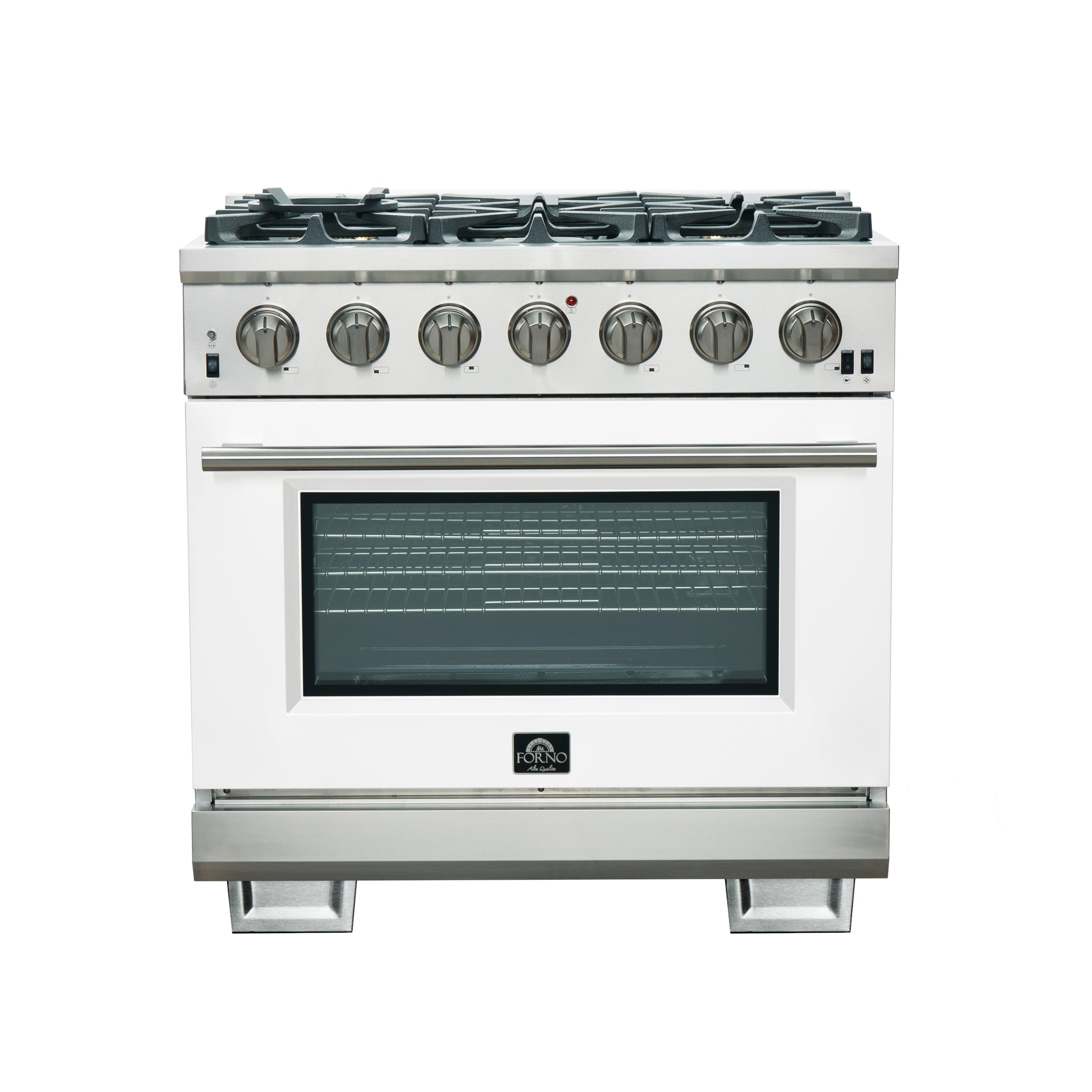Forno Capriasca 36-Inch Gas Range, Stainless Steel, 6 Brass Burners, 120,000 BTU, Convection Oven, Energy Efficient, White Door - BonPrix Électroménagers
