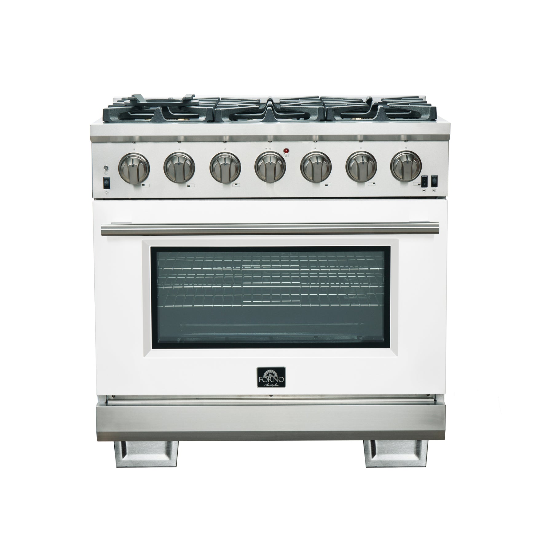 Forno Capriasca 36-Inch Gas Range, Stainless Steel, 6 Brass Burners, 120,000 BTU, Convection Oven, Energy Efficient, White Door - BonPrix Électroménagers