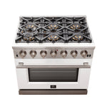 Forno Capriasca 36-Inch Gas Range, Stainless Steel, 6 Brass Burners, 120,000 BTU, Convection Oven, Energy Efficient, White Door - BonPrix Électroménagers