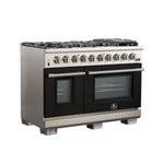 FORNO Capriasca 48-inch Gas Range Stainless Steel, 8 Brass Burners 160,000 BTU, 6.58 cu.ft. Double Oven, Black Doors - BonPrix Électroménagers