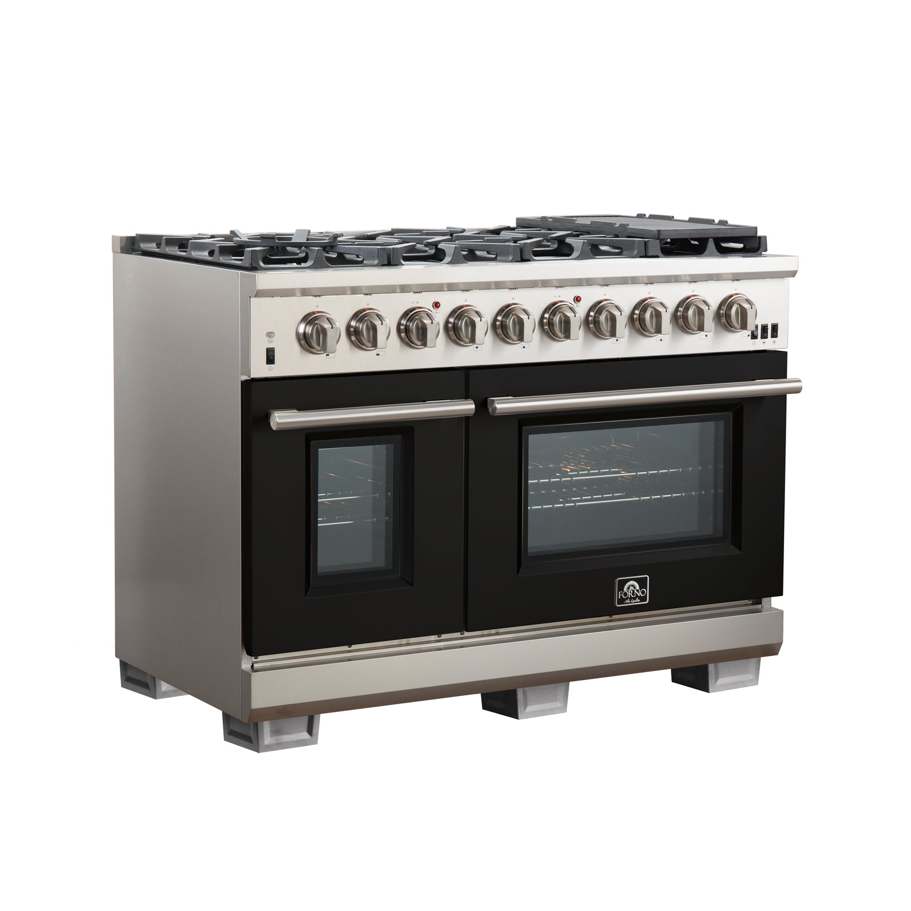 FORNO Capriasca 48-inch Gas Range Stainless Steel, 8 Brass Burners 160,000 BTU, 6.58 cu.ft. Double Oven, Black Doors - BonPrix Électroménagers