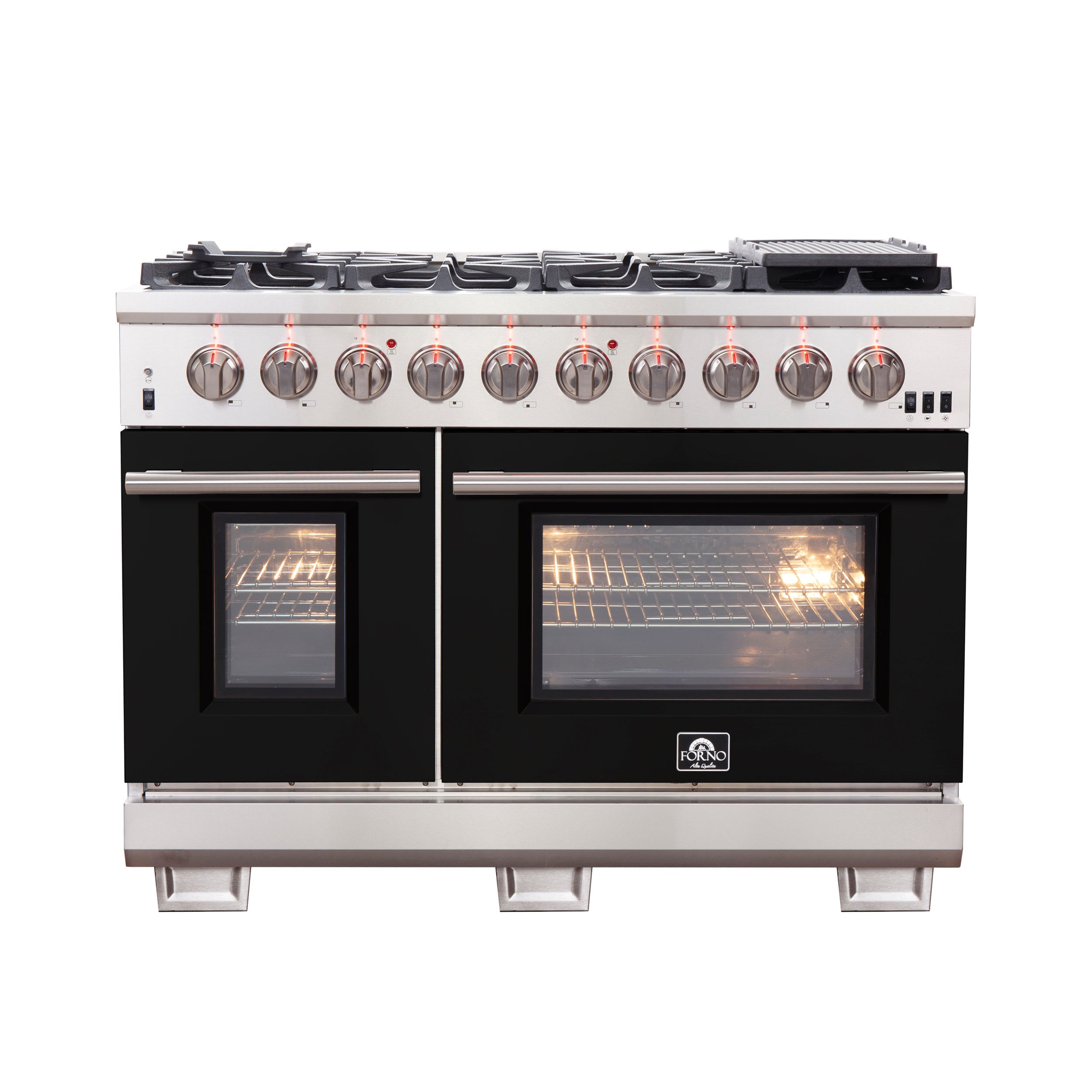 FORNO Capriasca 48-inch Gas Range Stainless Steel, 8 Brass Burners 160,000 BTU, 6.58 cu.ft. Double Oven, Black Doors - BonPrix Électroménagers