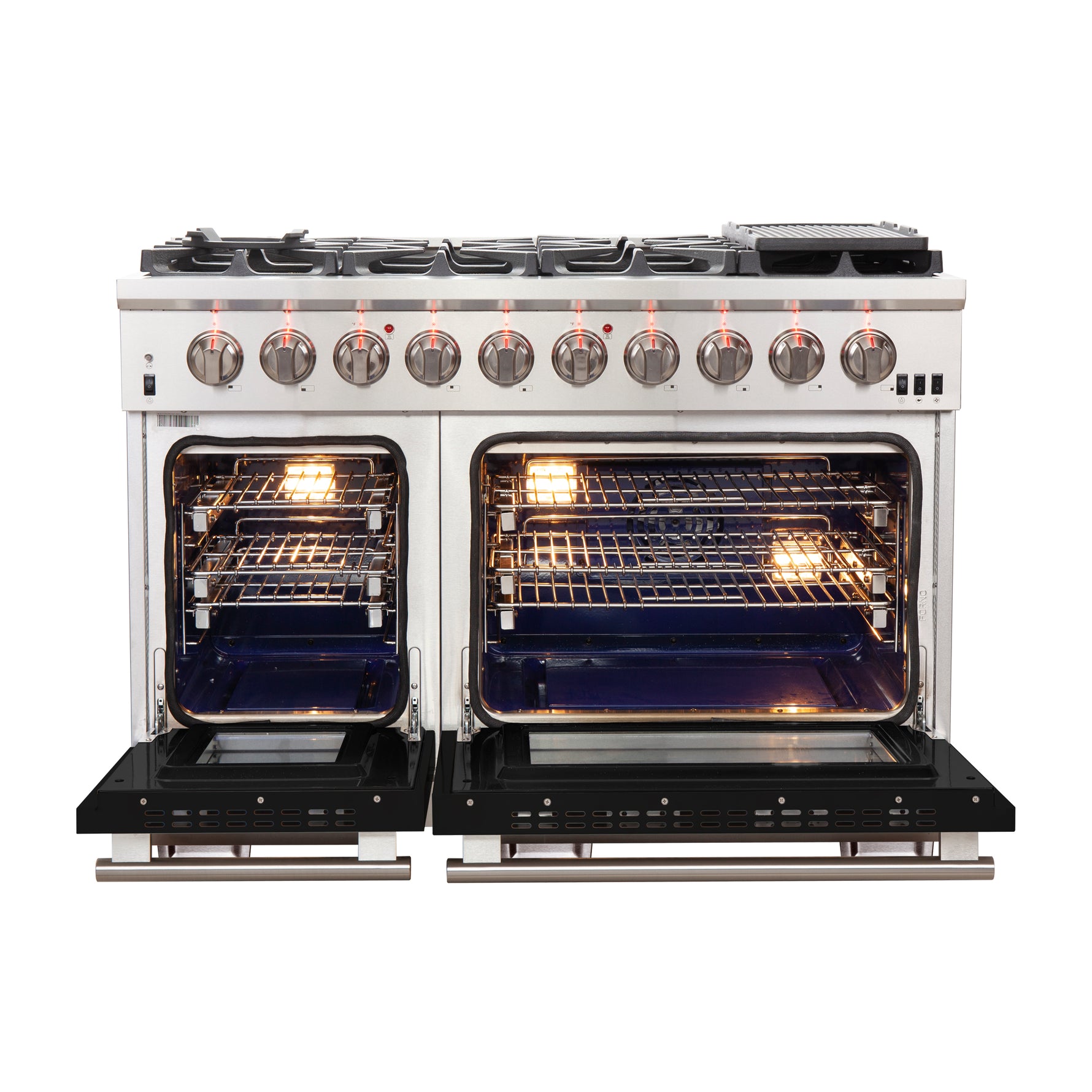 FORNO Capriasca 48-inch Gas Range Stainless Steel, 8 Brass Burners 160,000 BTU, 6.58 cu.ft. Double Oven, Black Doors - BonPrix Électroménagers