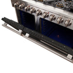 FORNO Capriasca 48-inch Gas Range Stainless Steel, 8 Brass Burners 160,000 BTU, 6.58 cu.ft. Double Oven, Black Doors - BonPrix Électroménagers