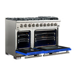 FORNO Capriasca 48-inch Gas Range Stainless Steel, 8 Brass Burners 160,000 BTU, 6.58 cu.ft. Double Oven, Blue Doors - BonPrix Électroménagers