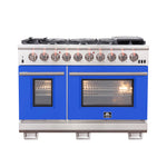 FORNO Capriasca 48-inch Gas Range Stainless Steel, 8 Brass Burners 160,000 BTU, 6.58 cu.ft. Double Oven, Blue Doors - BonPrix Électroménagers