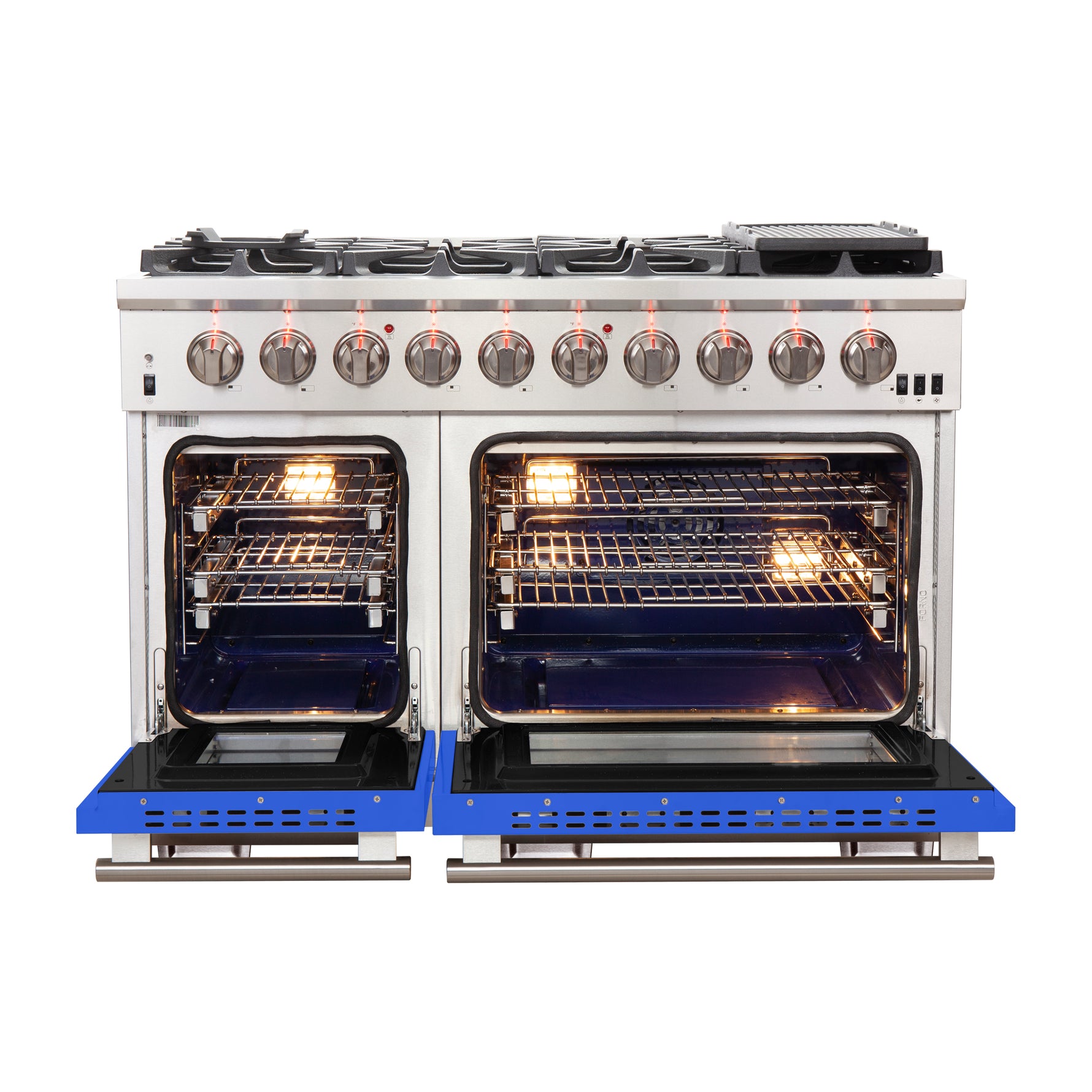 FORNO Capriasca 48-inch Gas Range Stainless Steel, 8 Brass Burners 160,000 BTU, 6.58 cu.ft. Double Oven, Blue Doors - BonPrix Électroménagers