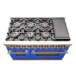 FORNO Capriasca 48-inch Gas Range Stainless Steel, 8 Brass Burners 160,000 BTU, 6.58 cu.ft. Double Oven, Blue Doors - BonPrix Électroménagers