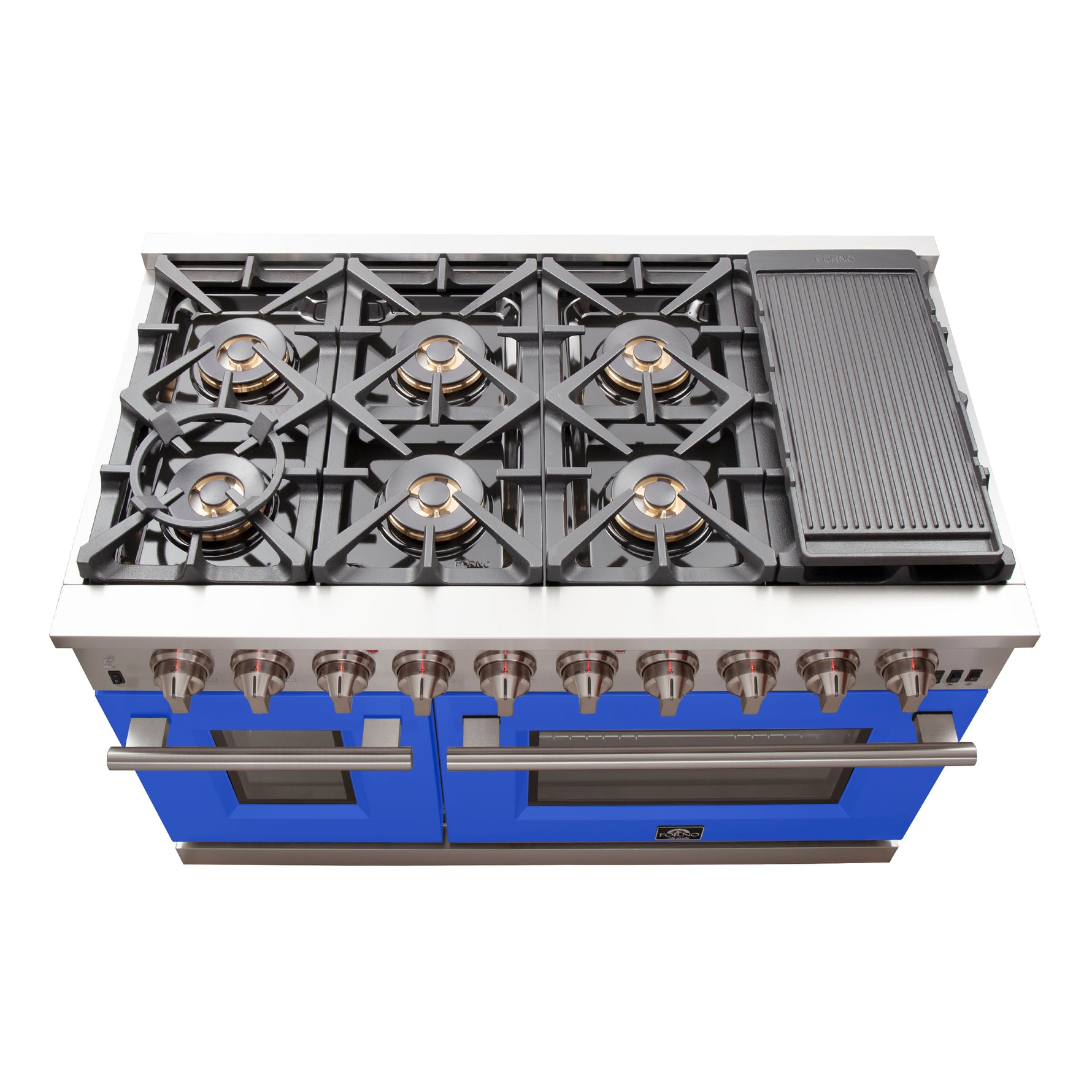 FORNO Capriasca 48-inch Gas Range Stainless Steel, 8 Brass Burners 160,000 BTU, 6.58 cu.ft. Double Oven, Blue Doors - BonPrix Électroménagers