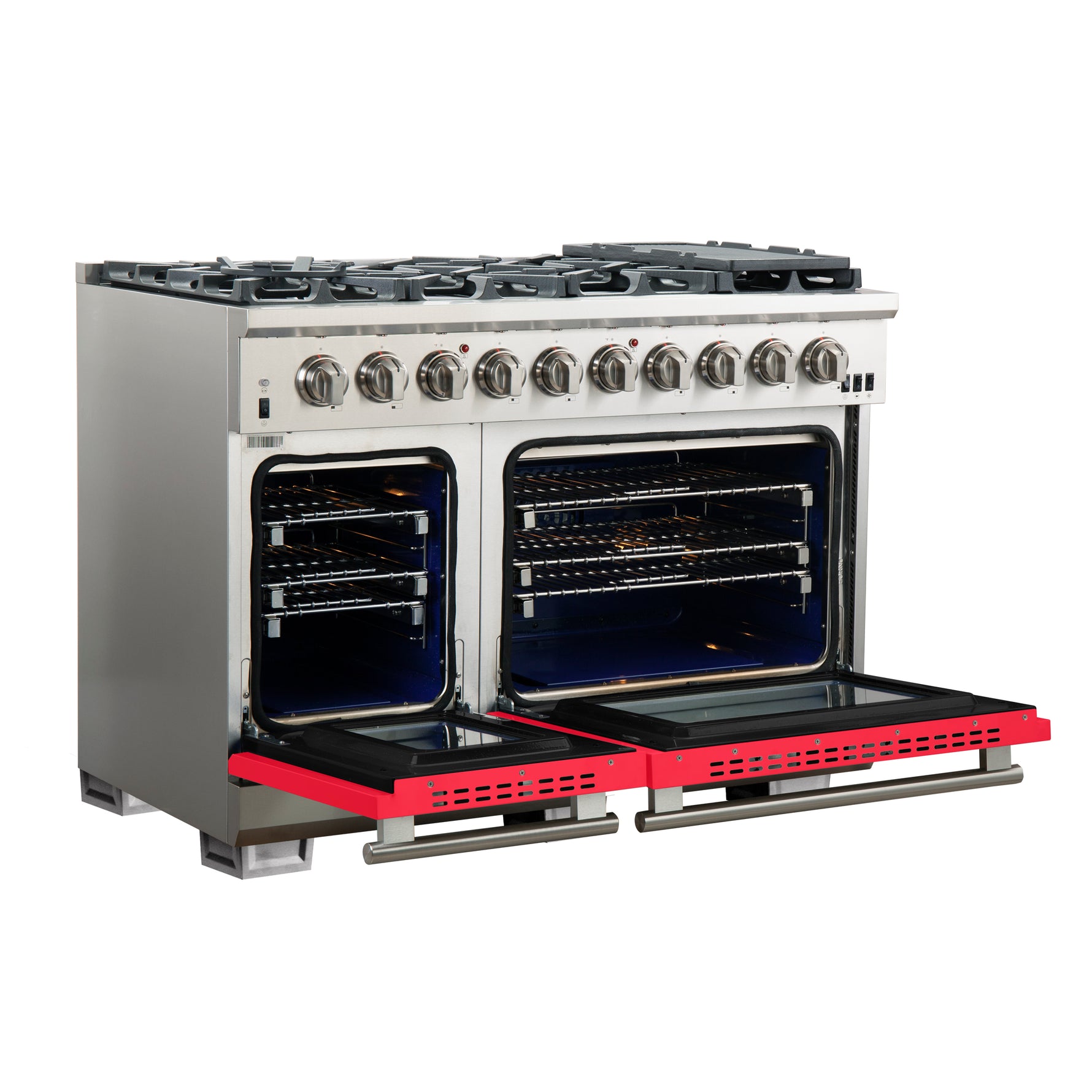 FORNO Capriasca 48-inch Gas Range Stainless Steel, 8 Brass Burners 160,000 BTU, 6.58 cu.ft. Double Oven, Red Doors - BonPrix Électroménagers