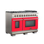 FORNO Capriasca 48-inch Gas Range Stainless Steel, 8 Brass Burners 160,000 BTU, 6.58 cu.ft. Double Oven, Red Doors - BonPrix Électroménagers