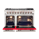 FORNO Capriasca 48-inch Gas Range Stainless Steel, 8 Brass Burners 160,000 BTU, 6.58 cu.ft. Double Oven, Red Doors - BonPrix Électroménagers