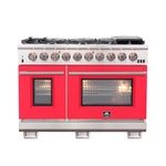 FORNO Capriasca 48-inch Gas Range Stainless Steel, 8 Brass Burners 160,000 BTU, 6.58 cu.ft. Double Oven, Red Doors - BonPrix Électroménagers