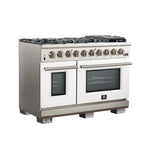 FORNO Capriasca 48-inch Gas Range Stainless Steel, 8 Brass Burners 160,000 BTU, 6.58 cu.ft. Double Oven, White Doors - BonPrix Électroménagers