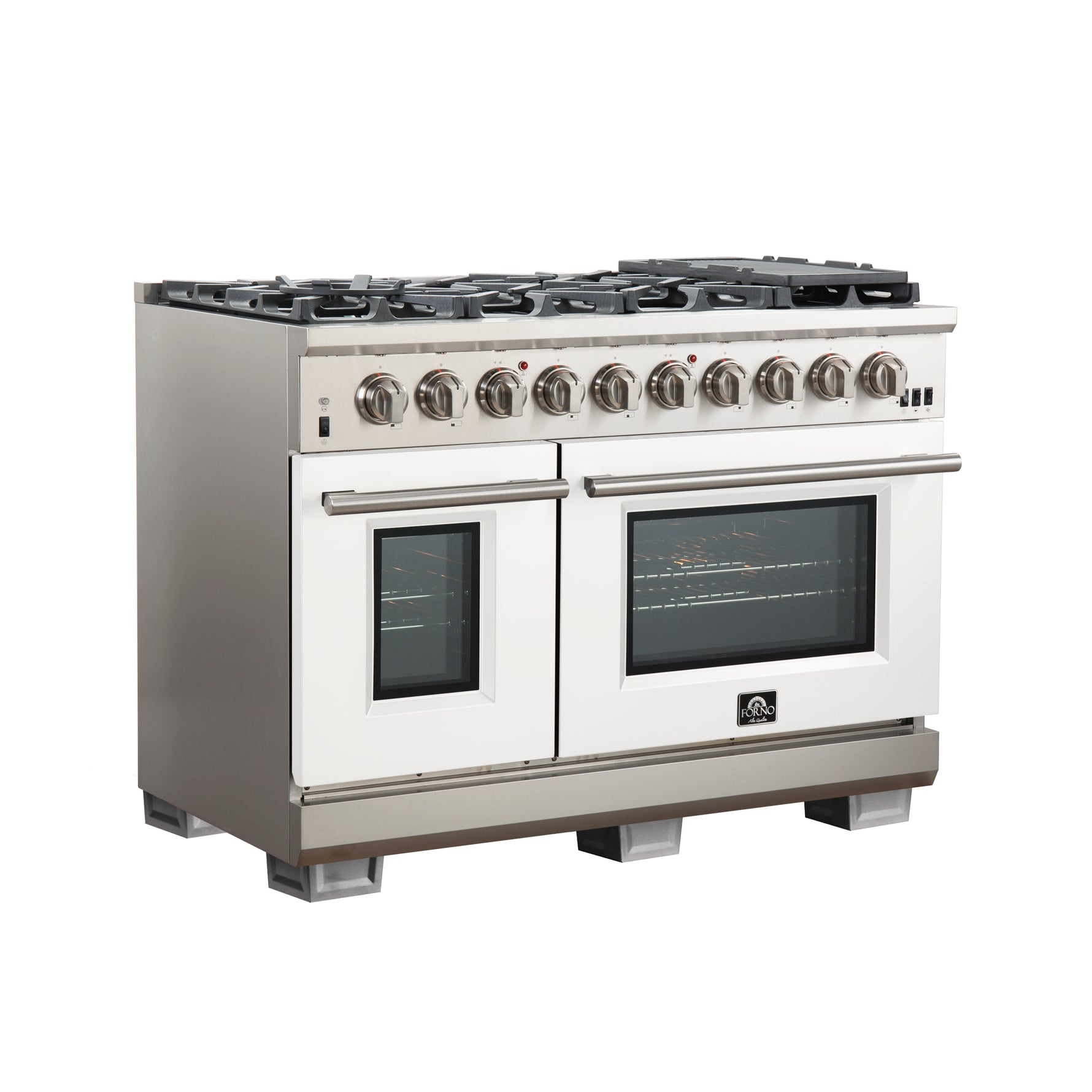 FORNO Capriasca 48-inch Gas Range Stainless Steel, 8 Brass Burners 160,000 BTU, 6.58 cu.ft. Double Oven, White Doors - BonPrix Électroménagers