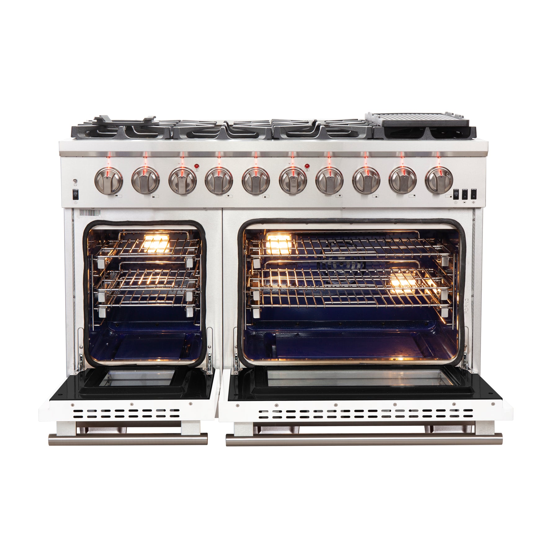 FORNO Capriasca 48-inch Gas Range Stainless Steel, 8 Brass Burners 160,000 BTU, 6.58 cu.ft. Double Oven, White Doors - BonPrix Électroménagers