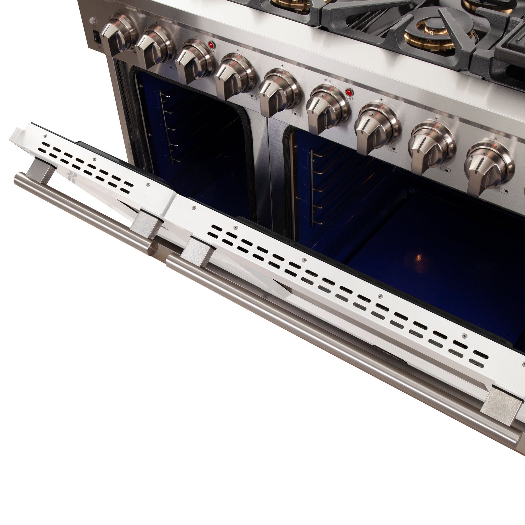 FORNO Capriasca 48-inch Gas Range Stainless Steel, 8 Brass Burners 160,000 BTU, 6.58 cu.ft. Double Oven, White Doors - BonPrix Électroménagers