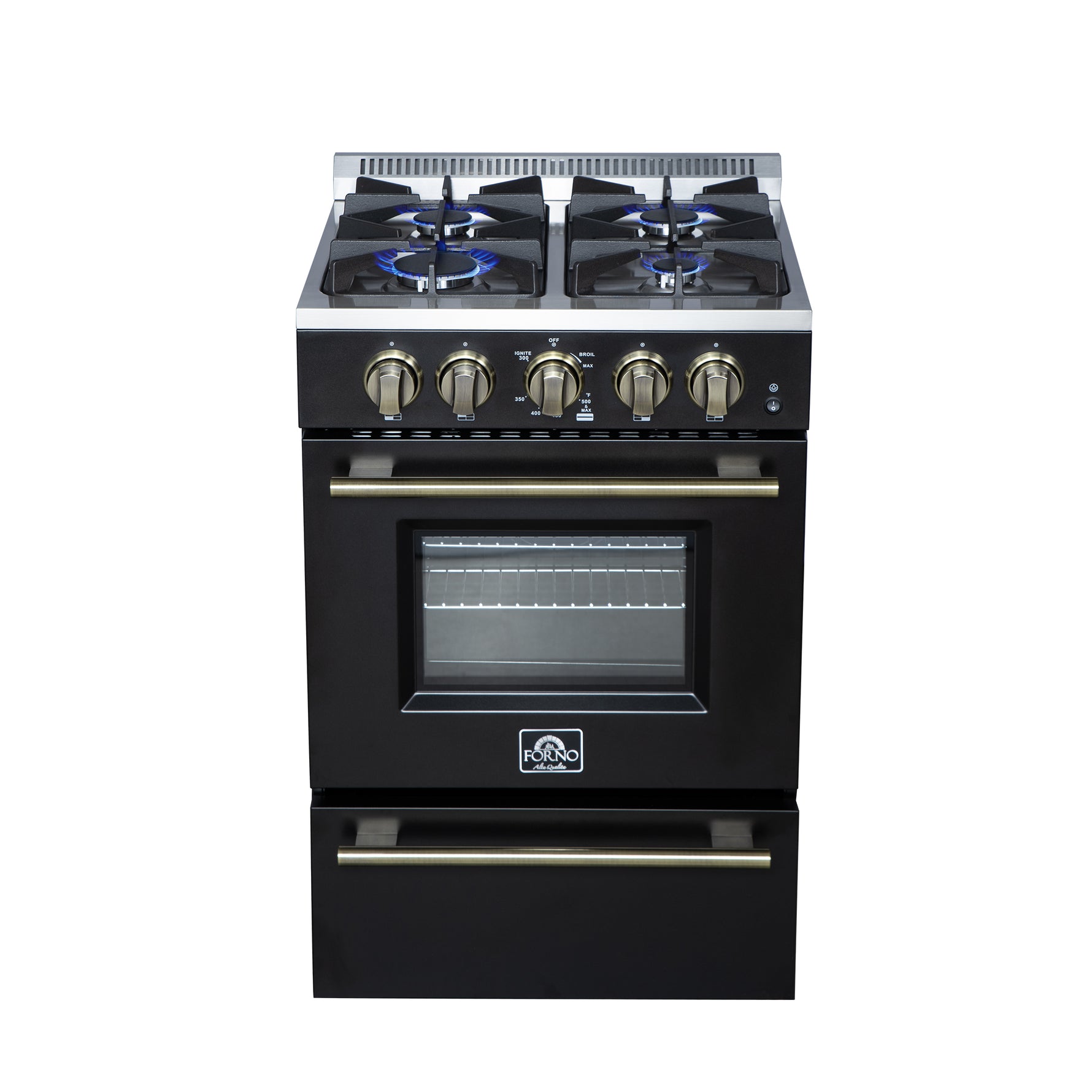 Forno Breno 24 Inch Freestanding Gas Range in Black with Antique Brass, Plug Included, Energy Efficient - BonPrix Électroménagers