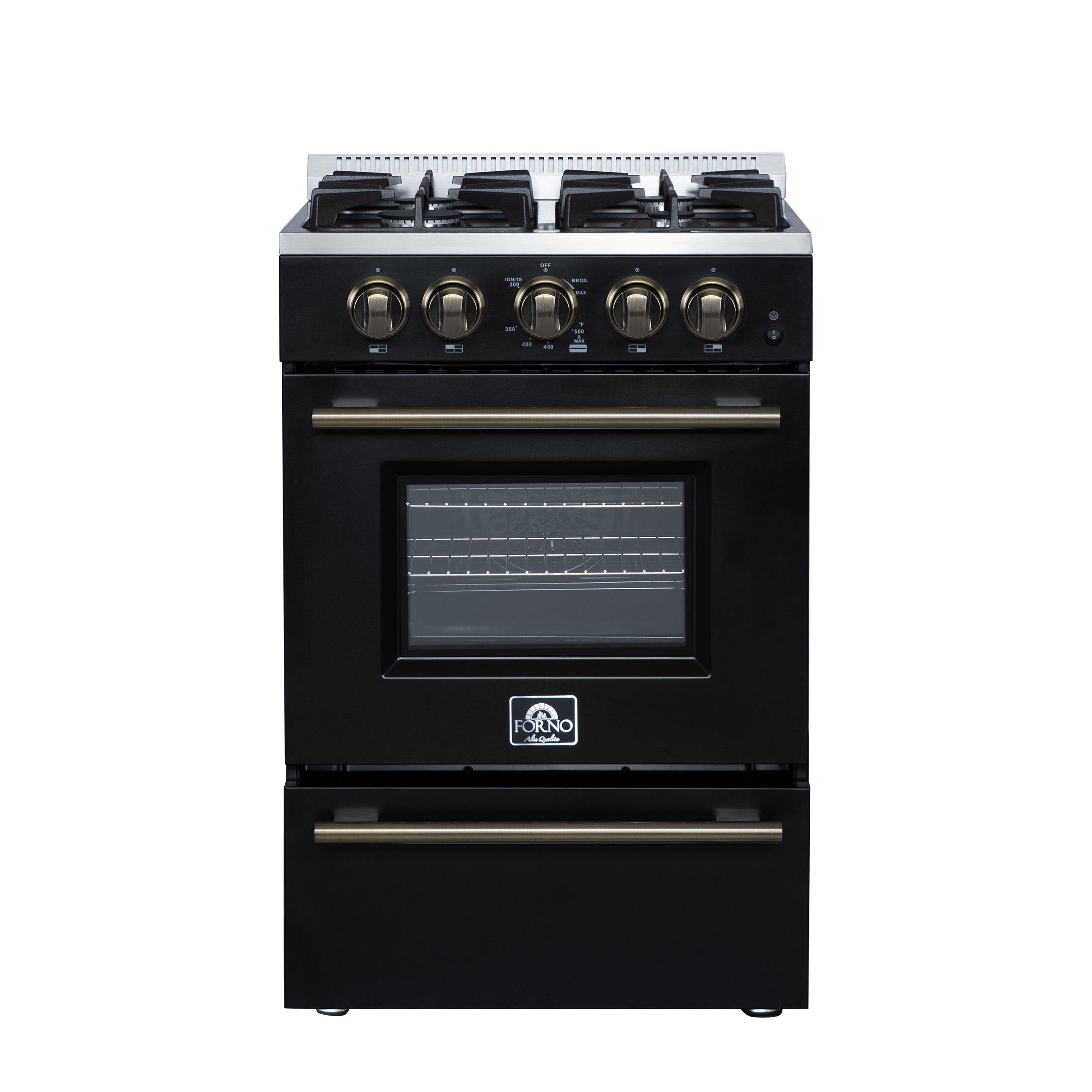 Forno Breno 24 Inch Freestanding Gas Range in Black with Antique Brass, Plug Included, Energy Efficient - BonPrix Électroménagers