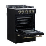 Forno Breno 24 Inch Freestanding Gas Range in Black with Antique Brass, Plug Included, Energy Efficient - BonPrix Électroménagers